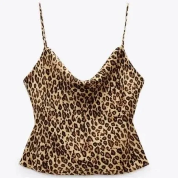 Zara Cami Crop Leopard Animal Print Chain Straps Satin Cami Blouse Tank Top - Picture 1 of 10